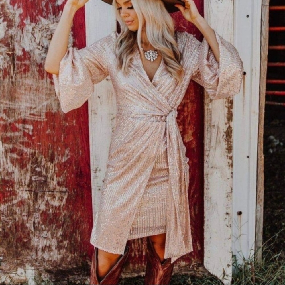 Southern Fried Chics The Charlene Gold Sequin Wrap Dress with Bell Sleeves